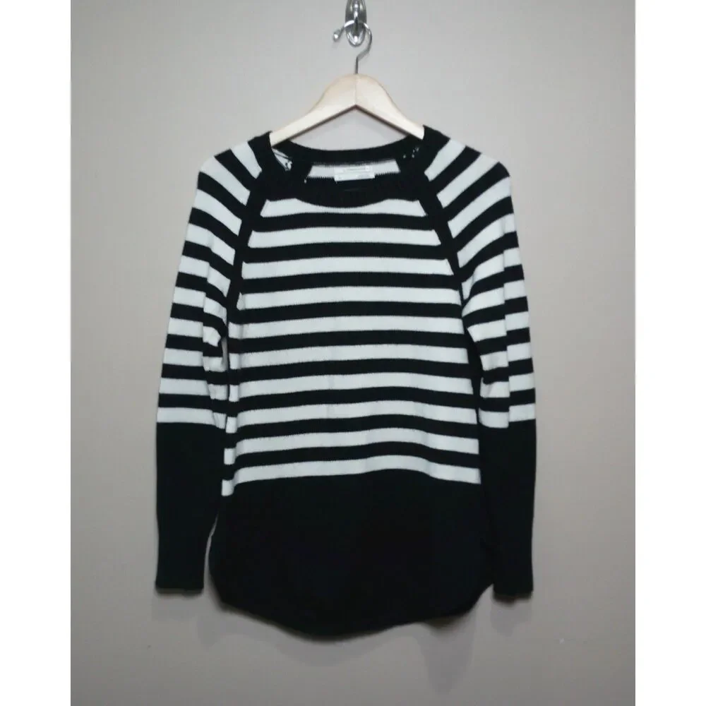 Anthropologie Black White Striped Knit Sweater Small Coastal Preppy Crewneck